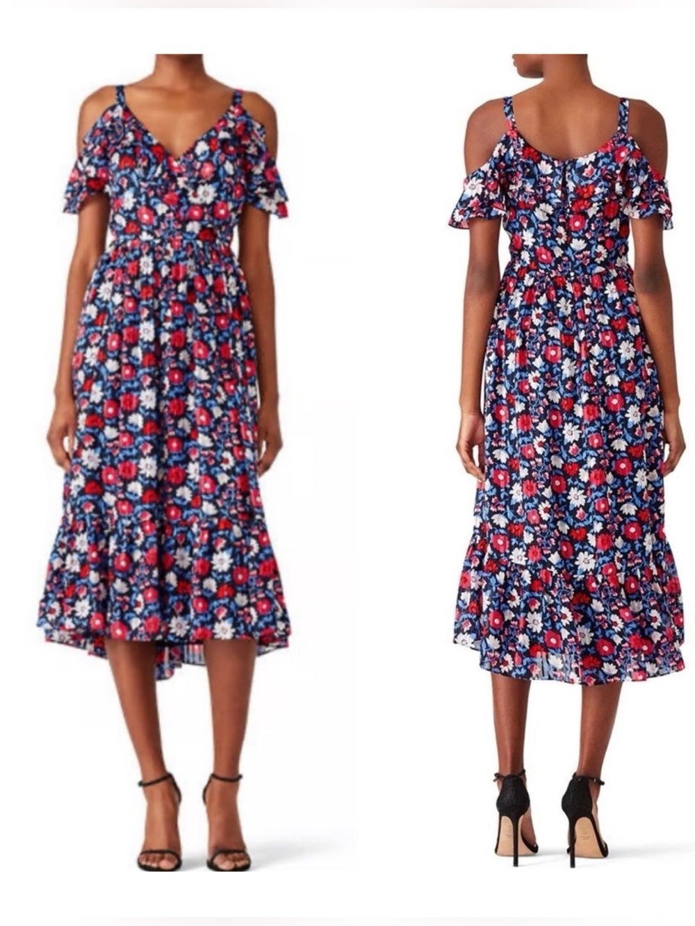 Kate Spade Size 2 Navy Daisy Print 100% Silk Off The Shoulder Ruffle Midi Dress